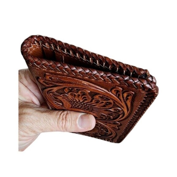 Western  Leather Bi-fold Rodeo Wallet Floral Tooled Ranger Cordovan Stitch Edge - Picture 5 of 9